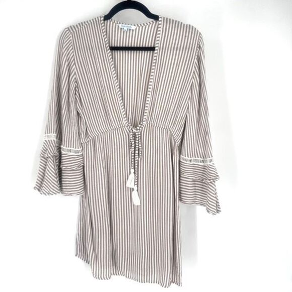 Blue island Womens Striped Pullover Beach Dress Coverup Ruffle Size XS Tan White - Picture 6 of 10